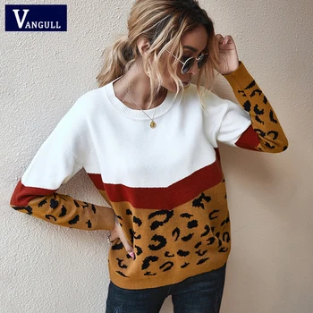 Vangull leopard Kvinder sweater Efterår O Hals casual Løs strik toppe med lange ærmer Mode sweater damer oversize trøjer