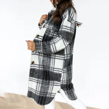 2020 Vinter Kontrolleret Kvinder Jakke Skrue Ned Frakke Varm Plaid Lang Frakke Oversize Tykke Uldne Blander Kvindelige Streetwear