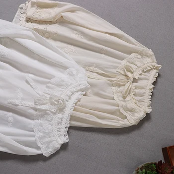 Efteråret bomuld blonder uafgjort krave skjorte top Japansk Mori kvindelige langærmet broderi dukke shirt