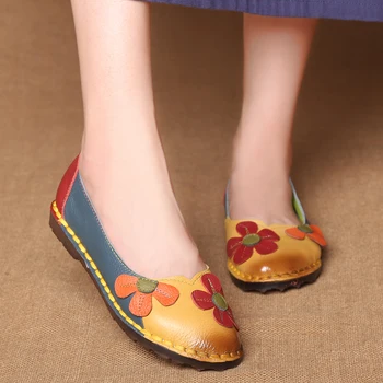 Sort læder sko til womans foråret brand nation blomster mødre casual sko kvinder lejligheder 2021