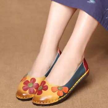 Sort læder sko til womans foråret brand nation blomster mødre casual sko kvinder lejligheder 2021