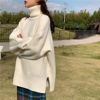 Turtleneck Sweater Kvinder 2Xl Elegante Vinteren Fortykkelse koreanske Trendy Teens Sweater Strikket Solid Smarte Side-Spalte Damer Pullover