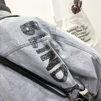 Nye Efteråret Harajuku Graffiti Bogstaver, Print, Vasket Sort Jeans jakke Hip-hop stil Løs Overdimensionerede Par Jean jakke Streetwear