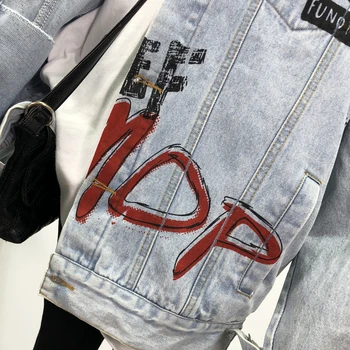 Nye Efteråret Harajuku Graffiti Bogstaver, Print, Vasket Sort Jeans jakke Hip-hop stil Løs Overdimensionerede Par Jean jakke Streetwear
