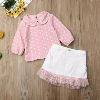 Casual Outfit 2stk Toddler Børn Spædbarn Baby Piger Tøj Foråret langærmet Pink Dot Top Bluse med Blonder Tutu Nederdel Kjole