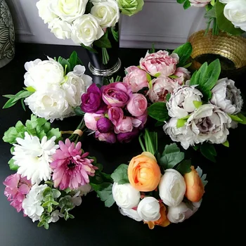 24 cm, Rosa Silke-Pæon Kunstige Blomster Buket Hoved og Bud Falske Blomster til Hjemmet Bryllup Dekoration indendørs