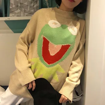 NiceMix Harajuku Tegnefilm Sweater Kvinder Casual Pullovere Efteråret O-hals Sjove Frøen Jumpere koreanske Streetwear Træk Hiver Femme 2020