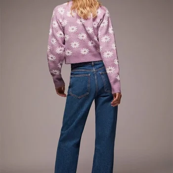 ZXQJ Kvinder 2020 Sød Mode Blomstrede Knapper, der er Beskåret, Strikket Cardigan Sweater Vintage Lange Ærmer Kvindelige Overtøj Smarte Toppe