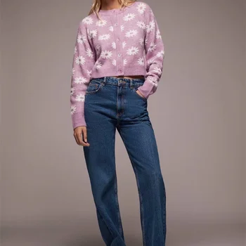 ZXQJ Kvinder 2020 Sød Mode Blomstrede Knapper, der er Beskåret, Strikket Cardigan Sweater Vintage Lange Ærmer Kvindelige Overtøj Smarte Toppe