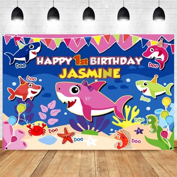 Pink 1st Baby Brusebad Haj Foto Baggrund Happy Birthday Party Havet Fotografering Baggrund Prop Dekoration Banner