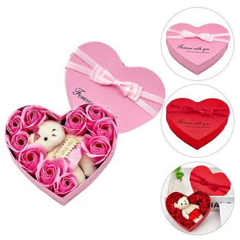 Valentins Dag Sæbe Blomst Rose gaveæske Til Fødselsdag, Bryllup 10STK Røde Blomster Med Søde Bjørne Gaver Hjerte Form Kasser