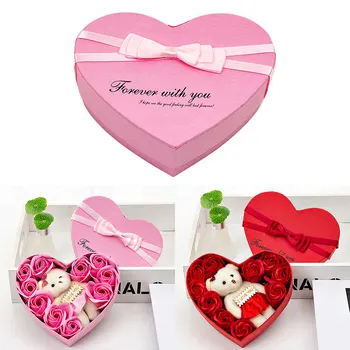 Valentins Dag Sæbe Blomst Rose gaveæske Til Fødselsdag, Bryllup 10STK Røde Blomster Med Søde Bjørne Gaver Hjerte Form Kasser