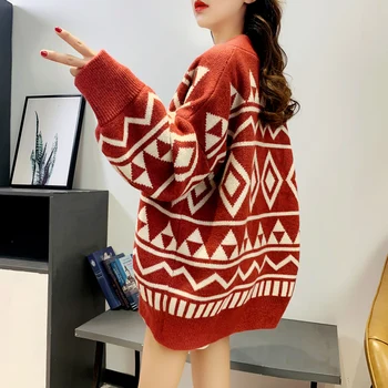 Rød Cardigan Sweater koreanske 2020 Efteråret Blød Cashmere Løs Single-breasted Strikkede V-Hals Vinter Streetwear Smarte Argyle Sweater