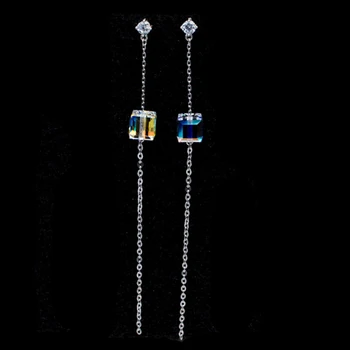 Joyashiny Ægte Krystaller Fra Swarovski Cubic Perler Lang Kæde Dråbe Øreringe I Sølv Farve Piercing For Kvinder Kontor Smykker