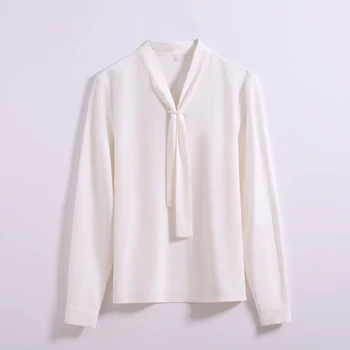 Ny Mode Temperament Kvinder Tøj Langærmet Bluser Formelle Slank Uafgjort Chiffon Skjorte Kontor Damer Plus Size Toppe Navy Blå