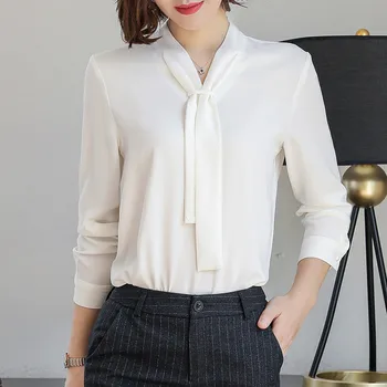 Ny Mode Temperament Kvinder Tøj Langærmet Bluser Formelle Slank Uafgjort Chiffon Skjorte Kontor Damer Plus Size Toppe Navy Blå