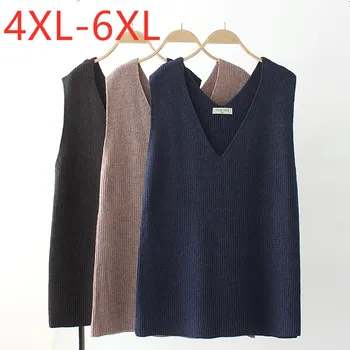 Nye damer efterår og vinter plus size sweater strik tank toppe til kvinder, store ærmer bomuld blå v-neck vest sweater 4XL 5XL 6XL