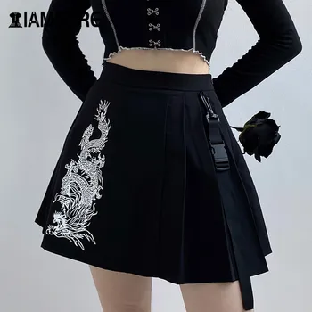 IAMSURE Streetwear Mode Dragon Print Plisserede Nederdele Til Kvinder Gotiske Punk Stil, Høj Talje Kvindelige Mini Nederdele 2020 Sommer