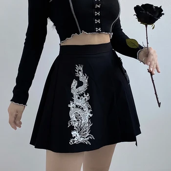 IAMSURE Streetwear Mode Dragon Print Plisserede Nederdele Til Kvinder Gotiske Punk Stil, Høj Talje Kvindelige Mini Nederdele 2020 Sommer