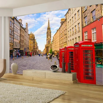Brugerdefinerede Foto Tapet Moderne London Street Røde telefonboks Vægmaleri Cafe Stue med Sofa, TV Baggrund Vægmaleri tapeter