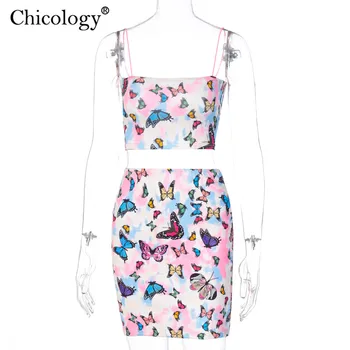 Chicology butterfly mode 2 to-delt sæt spaghetti-stropper ærmeløs top nederdel udstyr kvinder 2020 sommeren streetwear tøj