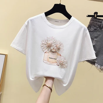 Ny Tegnefilm Bomuld Sommer T-Shirt Til Kvinder Perlebesat 2020 Womens Tops Vogue Tshirt Kvindelige T-Shirt Kvinde Koreansk Stil T-Shirt Femme
