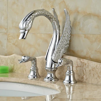 God Kvalitet Dæk Mount Swan Form Badeværelse 3 Huller håndvask Håndvask Armatur, Håndvask Blandingsbatterier i Chrome