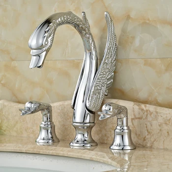 God Kvalitet Dæk Mount Swan Form Badeværelse 3 Huller håndvask Håndvask Armatur, Håndvask Blandingsbatterier i Chrome