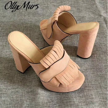 Ollymurs sommer sandaler læder kvinder sko med høj hæl platform åben tå tøfler høj kvalitet mærke sko Muldyr