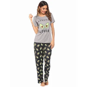 2-delt Pyjamas Sæt Avocado mønster Casual Nattøj Sove Toppe+Lange Bukser til Kvinder Pyjamas FORÅR & EFTERÅR Hjem Tøj