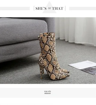 Kvinder ankel støvler snake print toe sko høje hæle kvindelige støvler party sko