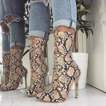 Kvinder ankel støvler snake print toe sko høje hæle kvindelige støvler party sko