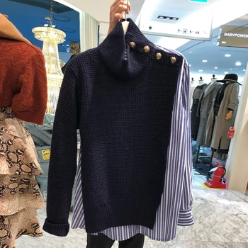 Forår og efterår rullekrave trøje til kvinder koreanske version af falske to løse mode joker ultra varm strik