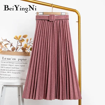 Beiyingni Bling Nederdel Kvinder Med Bælte Efterår Og Vinter Afslappet Slank Elastik Vintage Mode Midi-Sort Pink Koreanske Nederdele Falda