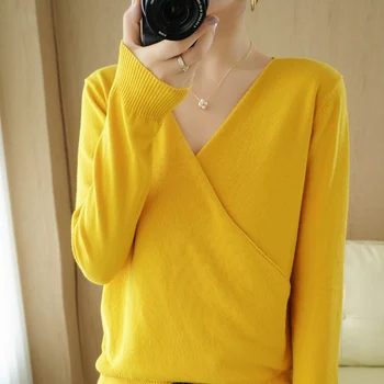 Efteråret Bomuld Sweater Kvinder Tøj koreansk Stil V-hals ensfarvet langærmet Sweater Kvinde Casual Basic Skjorte Top
