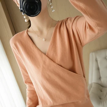 Efteråret Bomuld Sweater Kvinder Tøj koreansk Stil V-hals ensfarvet langærmet Sweater Kvinde Casual Basic Skjorte Top