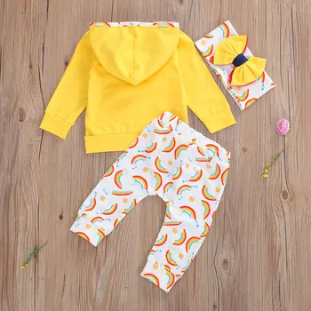 0-3Y Nyfødte Spædbarn Baby Pige Rainbow Tøj Sæt Efteråret Lang Sleve Hætteklædte T-shirt, Top, Bukser Udstyr