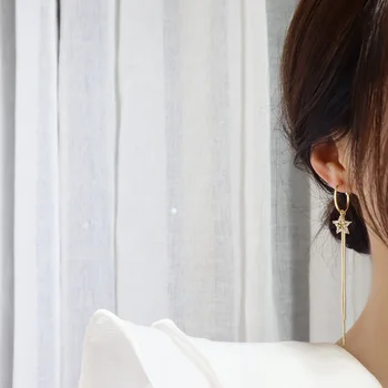 Luksus Cubic Zircon CZ Stjernede Dingle Øreringe til Kvinder Japansk&Korea New Style 14K Ægte Guld Lang Drop Øreringe