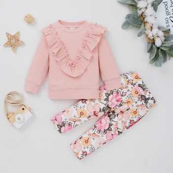 Kids Baby Pige Tøj Sæt, Pink Søde Toppe Shirt Blomster Printede Bukser Efterår Forår Tøj, Tøj Sæt 2stk