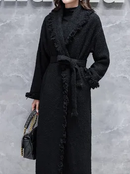 Sorte uldne frakke kvinder er efterår og vinter bomuld fortykket snøre i taljen lange stil over knæet grove blomstrede uldne frakke