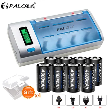 PALO 8stk Type C-Batteri Genopladeligt C Størrelse Batteri 1,2 V Nimh-4000mah + LCD-Smart Batteri Oplader til 1,2 V AA, AAA, C, D Batteri