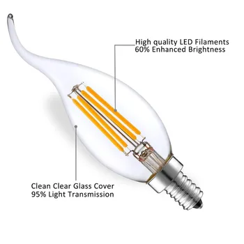 220V E14 LED-Lampe med C35, 4W Dæmpbar LED-Filament-Lys Pærer Kandelabre Flamme Bøjet Spids 35W Glødepære Tilsvarende ping