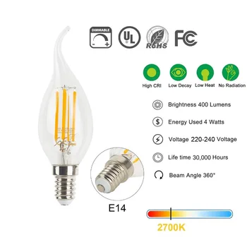 220V E14 LED-Lampe med C35, 4W Dæmpbar LED-Filament-Lys Pærer Kandelabre Flamme Bøjet Spids 35W Glødepære Tilsvarende ping