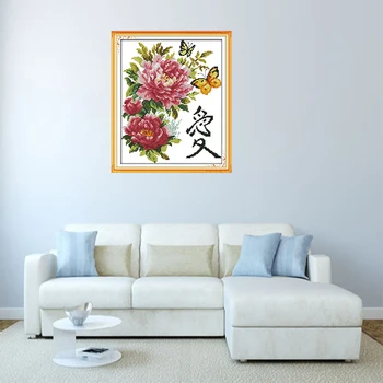 Kinesiske Smuk Pæon Blomster Håndlavet Cross Stitch Sæt Butterfly Kærlighed Blomst Butterfly Flower Dekorative Maleri