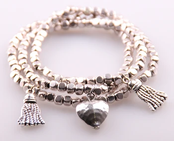 Gratis forsendelse fashion square perler, 3 rækken armbånd med hjerte, charme alloy perler dame, stræk armbånd