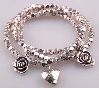 Gratis forsendelse fashion square perler, 3 rækken armbånd med hjerte, charme alloy perler dame, stræk armbånd