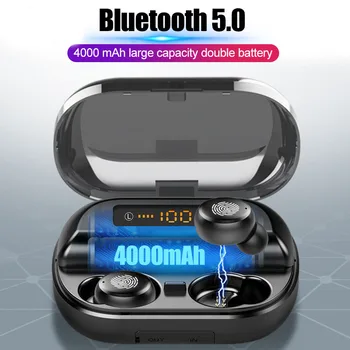 Wireless Mini Bluetooth-Hovedtelefoner IPX7 Vandtæt Touch Kontrol Øretelefoner, Hovedtelefoner med 2400mAh Opladning Sag 4000 MAh Strøm Bank