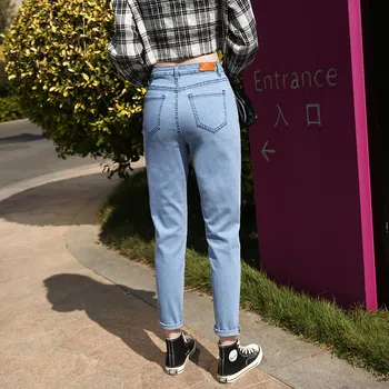 Kvinder Jeans med Høj Talje Tynde Plus Size Lynlås Lys Blå Sort Fuld Længde Denim Blyant Bukser 4xl 5xl