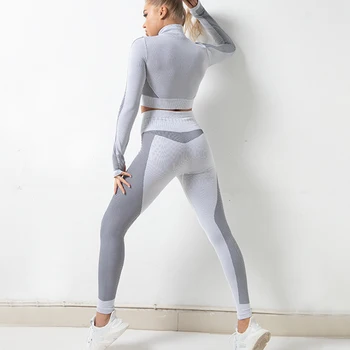 Kvinders 2stk Yoga Træningsdragter Høj Talje Leggings Sport Lange Ærmer Afgrøde Top Ziper Frakke Jakke Forløb Trænings-og Sportwears Sæt