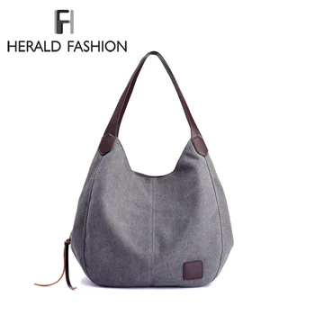 Herald Mode Kvinders Canvas Håndtasker Kvindelige Hobos Enkelt Skulder Tasker Vintage Solid Multi-lomme Damer Totes Bolsas
